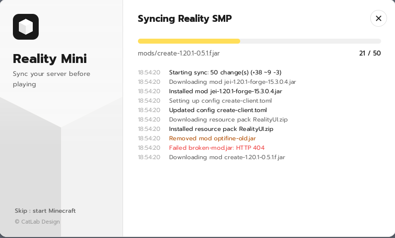 Reality Mini popup syncing a server pack